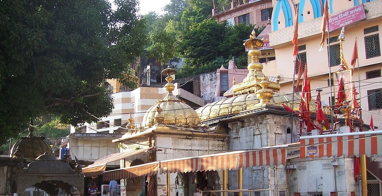 The golden roofs of Jwalamukhi Temple in its hillside courtyard in Kangra