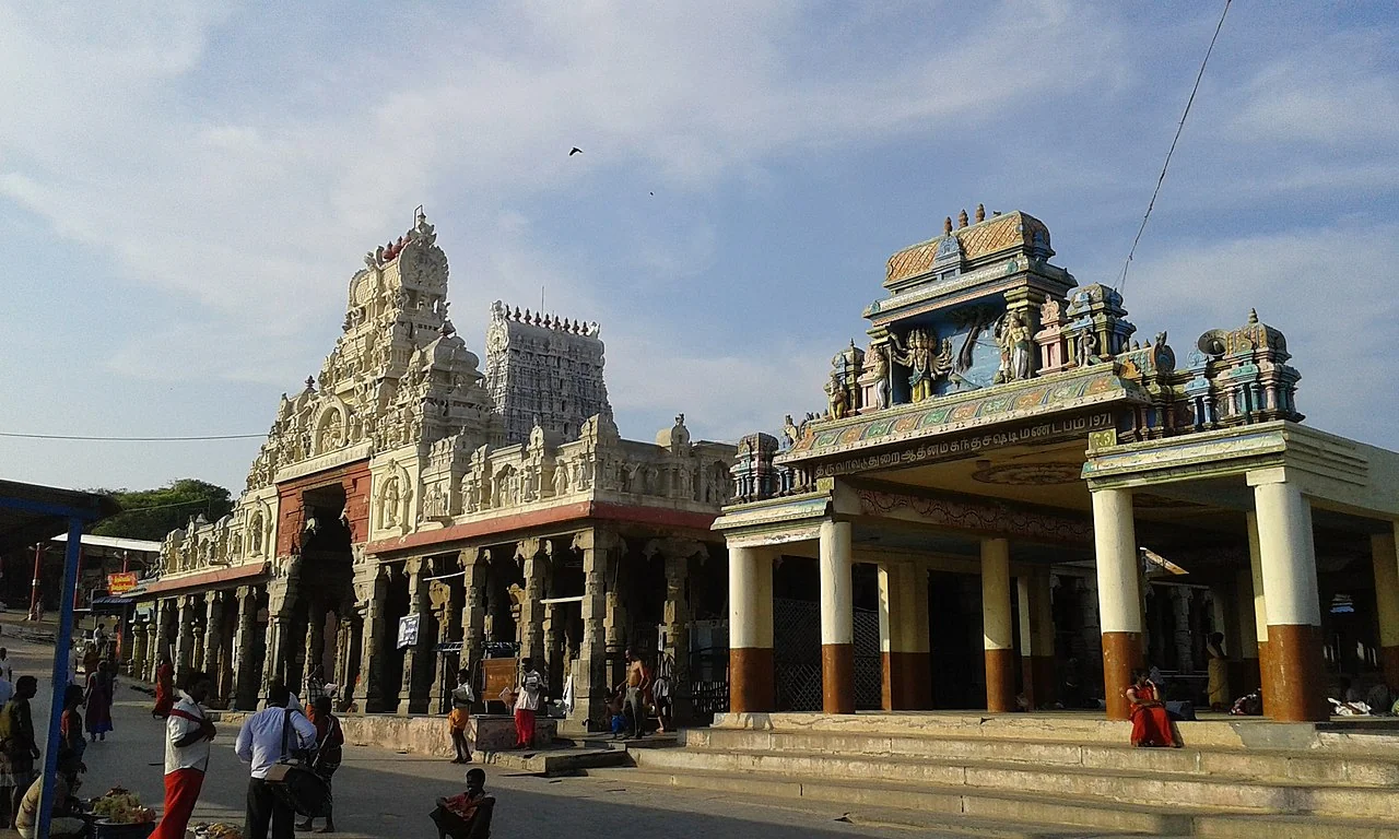 The temple towers and pillared courtyard at Tiruchendur Murugan Temple